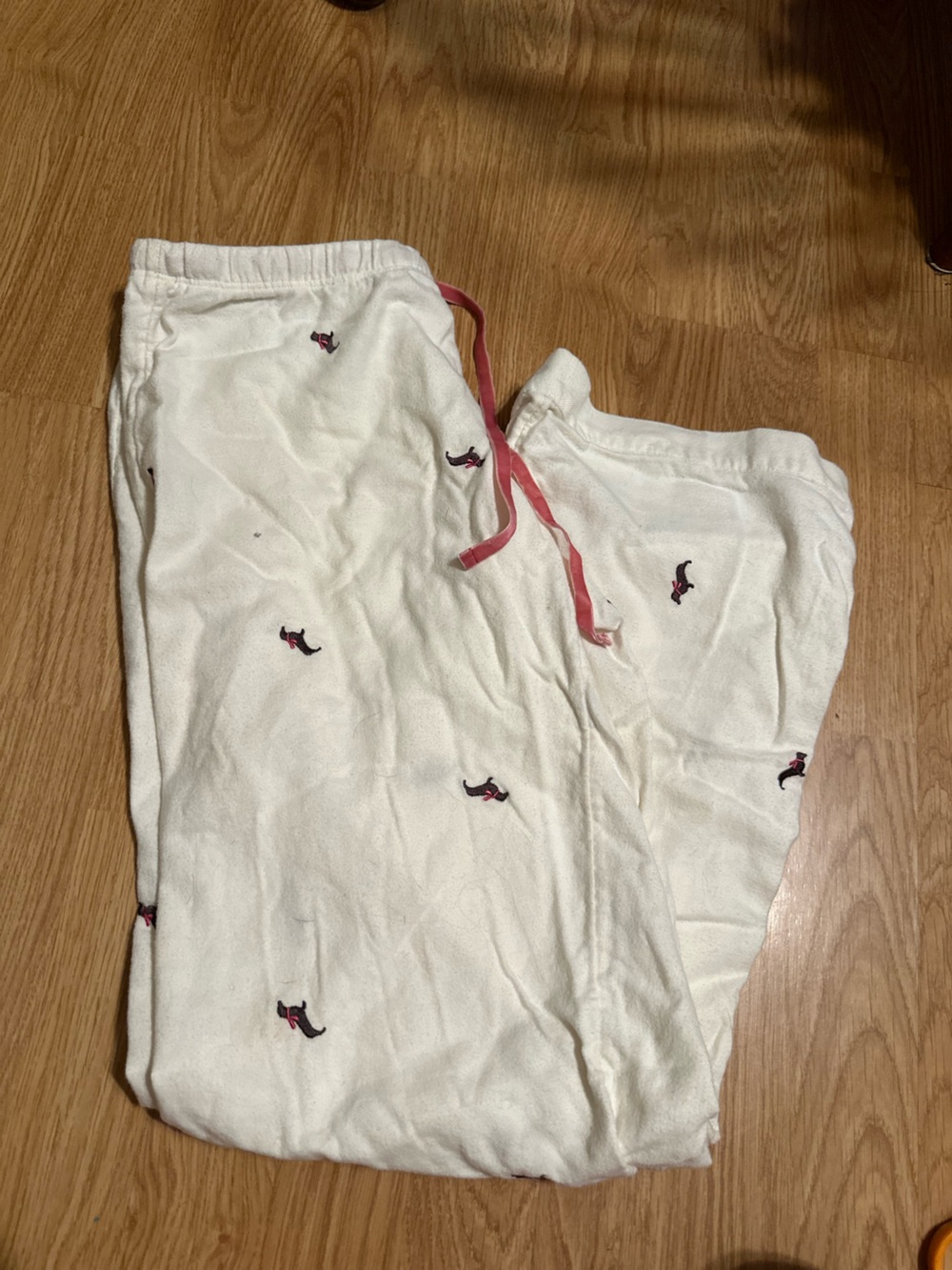 White Pajama Pants with Pink Drawstring and Embroidered dogs